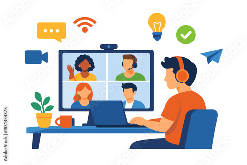 Young man attending a video conference call with colleagues from home office setup