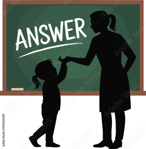 Teacher guiding young student in classroom setting with chalkboard