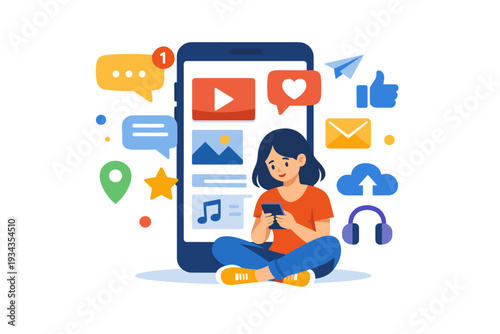 Young woman using smartphone surrounded by social media and communication icons