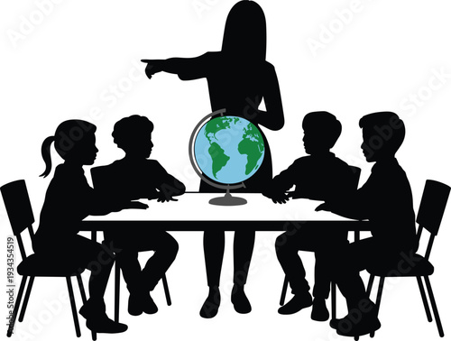 Teacher pointing to globe with students in classroom setting