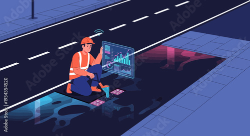 Man in reflective vest analyzing data on futuristic screen.