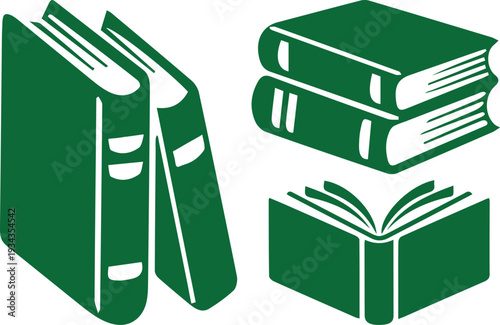 Green book illustrations stacked and open