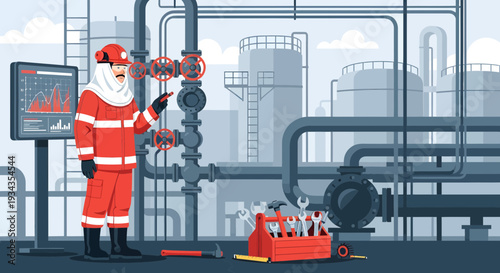 Industrial worker in protective suit performing maintenance on refinery equipment.