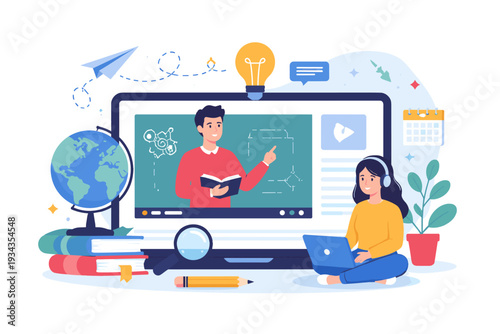 Online education concept with teacher and student interacting via laptop and digital tools