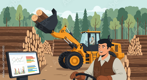 Man operating heavy machinery in lumber yard.