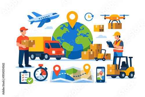 Global logistics and delivery services with diverse transportation methods and tracking