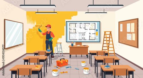 Man painting classroom wall yellow with tools and ladder.