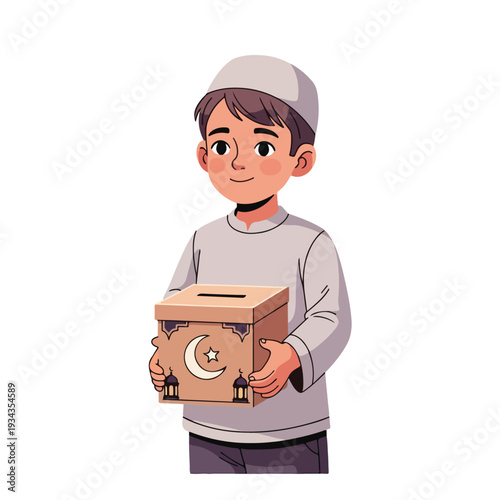 Young boy in traditional attire holding a charity box with a crescent moon design