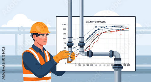 Plumber working on pipes near graph.