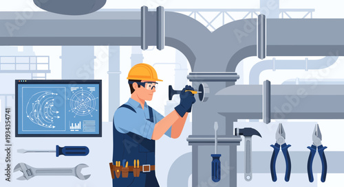 Plumber working on large industrial pipes with tools.