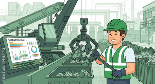 Recycling worker operating heavy machinery at a waste management facility.