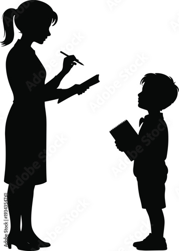 Woman and child engaged in educational activity with books and pencil