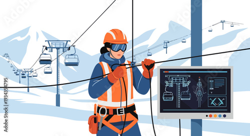 Skilled technician working on ski lift cable system outdoors.