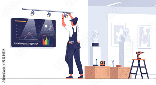 Technician Adjusting Track Lighting in Art Gallery Setting.