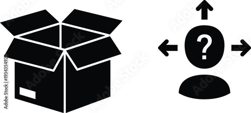 Open Cardboard Box Package Icon with Question Mark Direction Symbol Representing Delivery Options, Shipping Solutions, and Logistics Decision Concepts