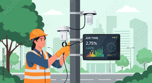 Technician installing advanced air quality monitoring equipment on pole.