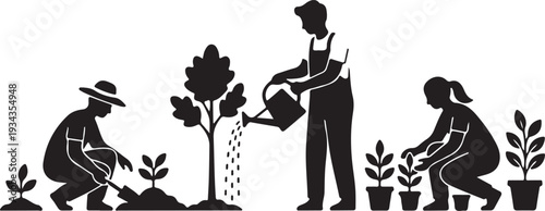 People planting and watering trees and plants
