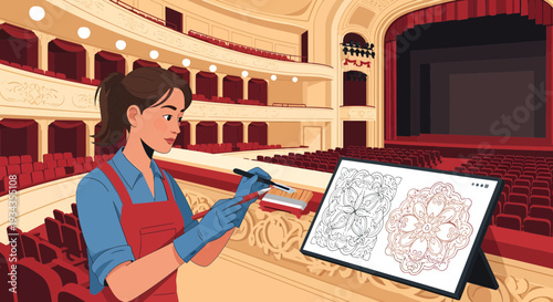 Woman artist painting intricate floral designs on a digital tablet.