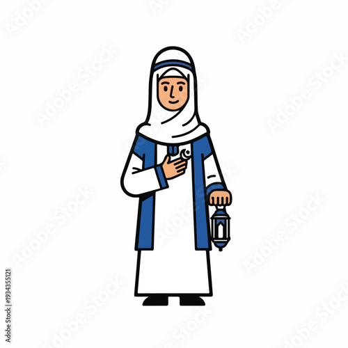 Muslim woman wearing hijab holding lantern and smartphone standing alone