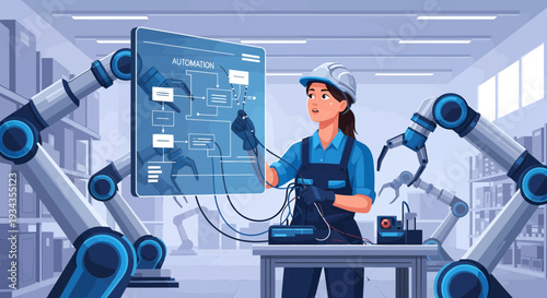 Woman Engineer Operating Robotic Arms with Futuristic Interface.