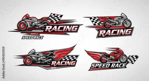 Dynamic motorcycle racing logos with checkered flags and speed elements.