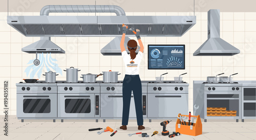 Woman repairing kitchen ventilation system professionally.