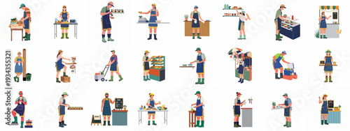 Photos A collection of vibrant illustrations showcasing diverse individuals working in fresh food preparation, market stalls, and small businesses, highlighting culinary and retail activities