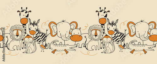 Seamless Hand-Drawn Safari Animal Border