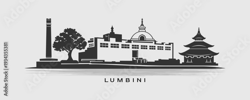 Sacred Skyline of Lumbini Minimal Vector Illustration Monochrome Heritage Landmark Composition