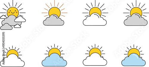 Sunny and partly cloudy weather icons set with smiling sun, flat vector illustration isolated on white background