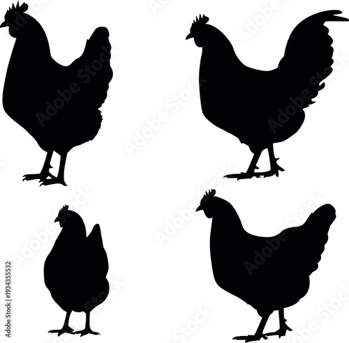 Silhouettes of chickens in various poses against a white background