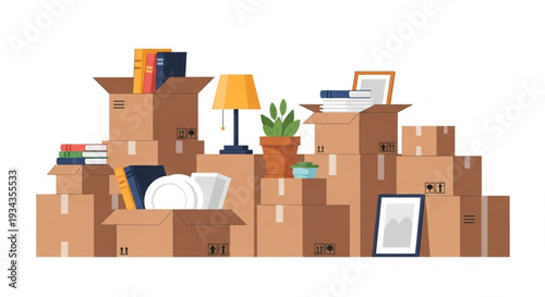 Moving Boxes With Household Items Ready For Relocation.