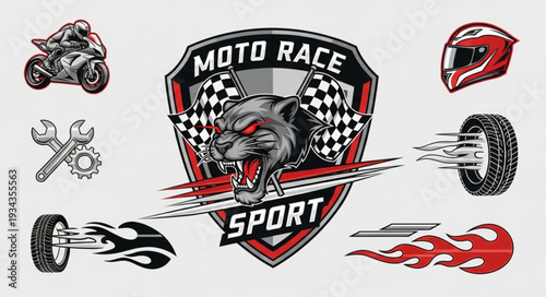 Motorcycle racing sport logo design with aggressive panther and checkered flags.