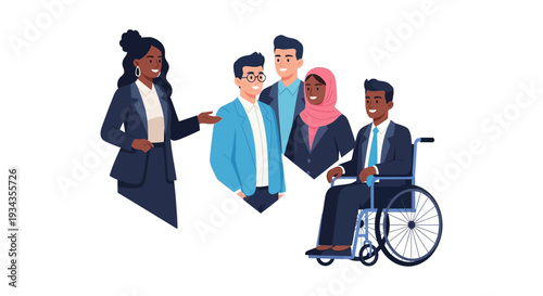 Diverse Business Team Illustrating Workplace Inclusion & Accessibility. Professional Group with Disability, Racial, & Gender Diversity.