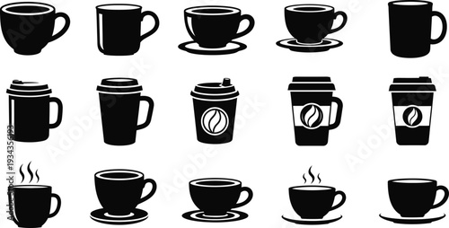 Black Coffee Mugs and Cups with Coffee Bean Icon
