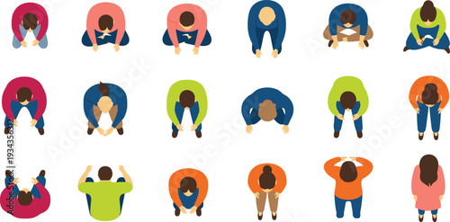 Top view vector illustration set of people sitting gorilla silhouettes jumping figures ant colony colorful flowers and green trees for architectural landscape design projects.