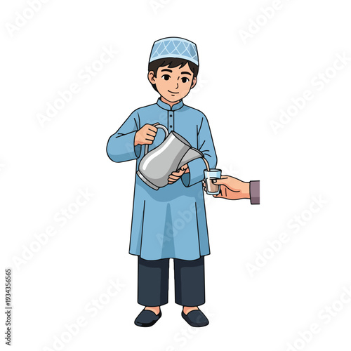 Boy in traditional attire holding a metal container and receiving money