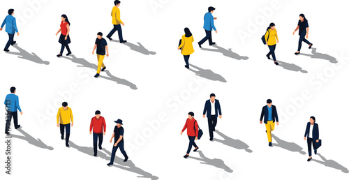Set of isometric walking people with shadows isolated on white background, flat vector characters for architectural visualization urban scene and site plan rendering