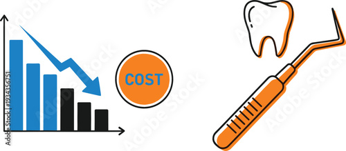 Declining Cost Chart with Dollar Reduction Concept and Dental Tool with Tooth Icon Representing Affordable Dentistry and Healthcare Savings