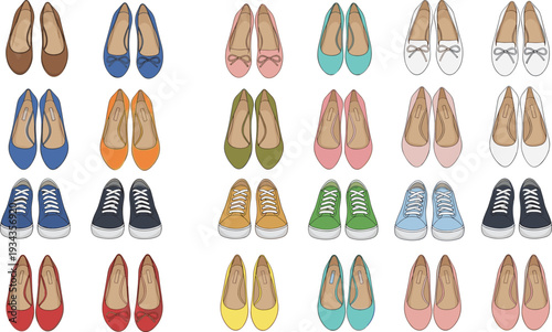 Women Flat Shoes Collection Vector Illustration, Colorful Ballet Flats and Sneakers Set Isolated on White Background Fashion Footwear Design