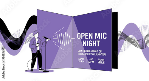Open Mic Night Event Poster with Performer, Microphone, and Sound Waves