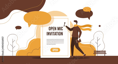 Open Mic Invitation: Man Invites to Event with Speech Bubbles