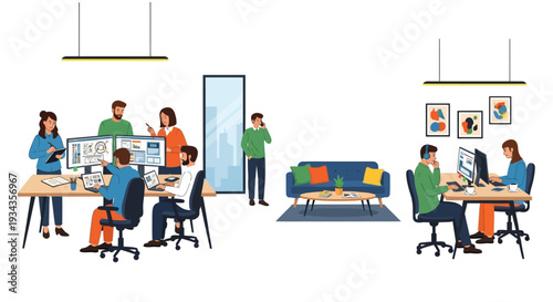 Diverse team collaborating in a modern office environment.
