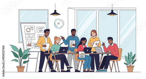 Diverse team collaborating in a modern office meeting.