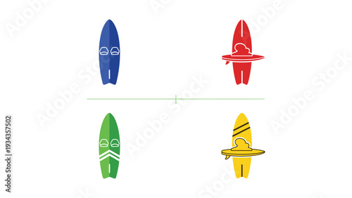 Colorful surfboards and paddleboards in vibrant hues displayed against a plain background