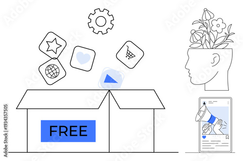 Open box releasing app icons with gear, head growing flowers, phone displaying content. Ideal for creativity, innovation, digital growth, ideas, free tools, resource sharing simple flat metaphor
