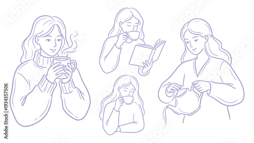 Hand Drawn Women Drinking Tea Relaxing Lifestyle Line Art Set