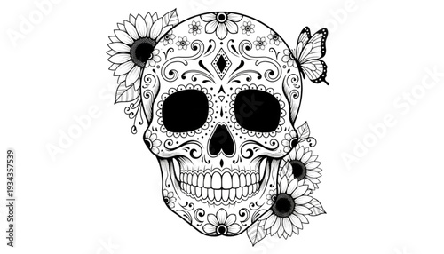 Ornate Sugar Skull Calavera with Sunflowers and Butterfly for Day of the Dead Coloring Book Design and Festive Decor
