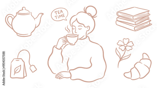 Hand Drawn Woman Drinking Tea Cozy Lifestyle Illustration Set