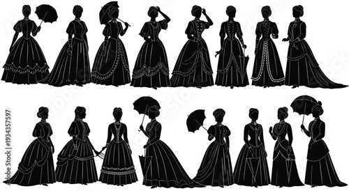 Victorian era women silhouettes set, elegant historical lady fashion silhouettes, vintage dress collection, antique female figures, cad drawing flat vector illustration.